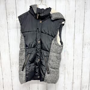 Ci Sono Vest Women Size Medium Black Gray Puffer Hooded Faux Fur Full Zip Pocket